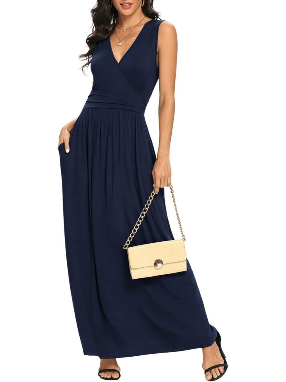 Lilbetter Women's Navy Blue Sleeveless Neck Loose Plain Long Maxi Casual Dress